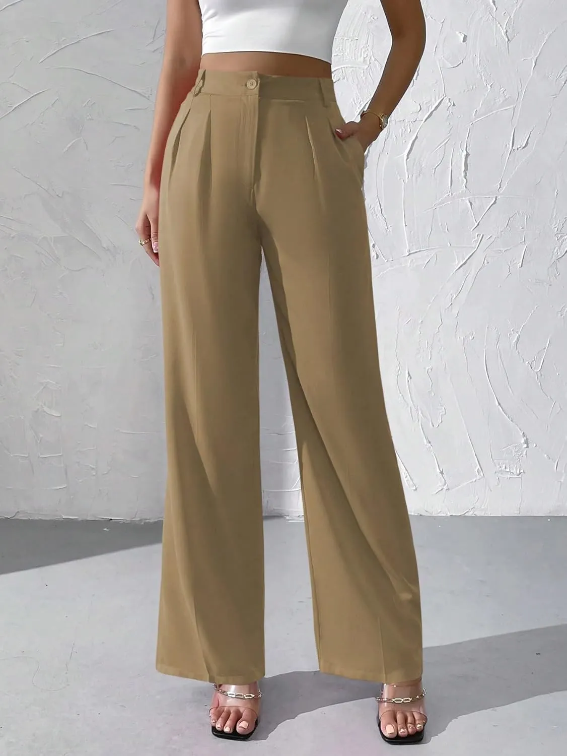 WDIRARA Women's High Waist Button Wide Leg Pants Elegant Work Pleated Pants