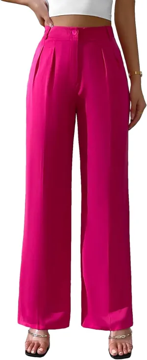 WDIRARA Women's High Waist Button Wide Leg Pants Elegant Work Pleated Pants