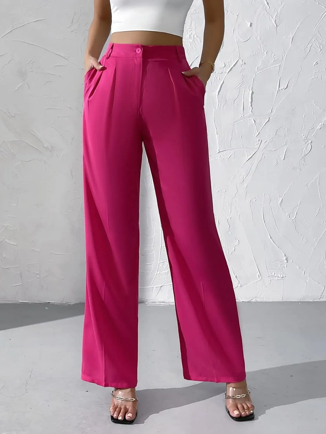 WDIRARA Women's High Waist Button Wide Leg Pants Elegant Work Pleated Pants