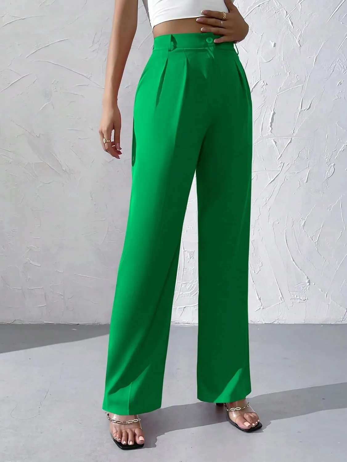 WDIRARA Women's High Waist Button Wide Leg Pants Elegant Work Pleated Pants