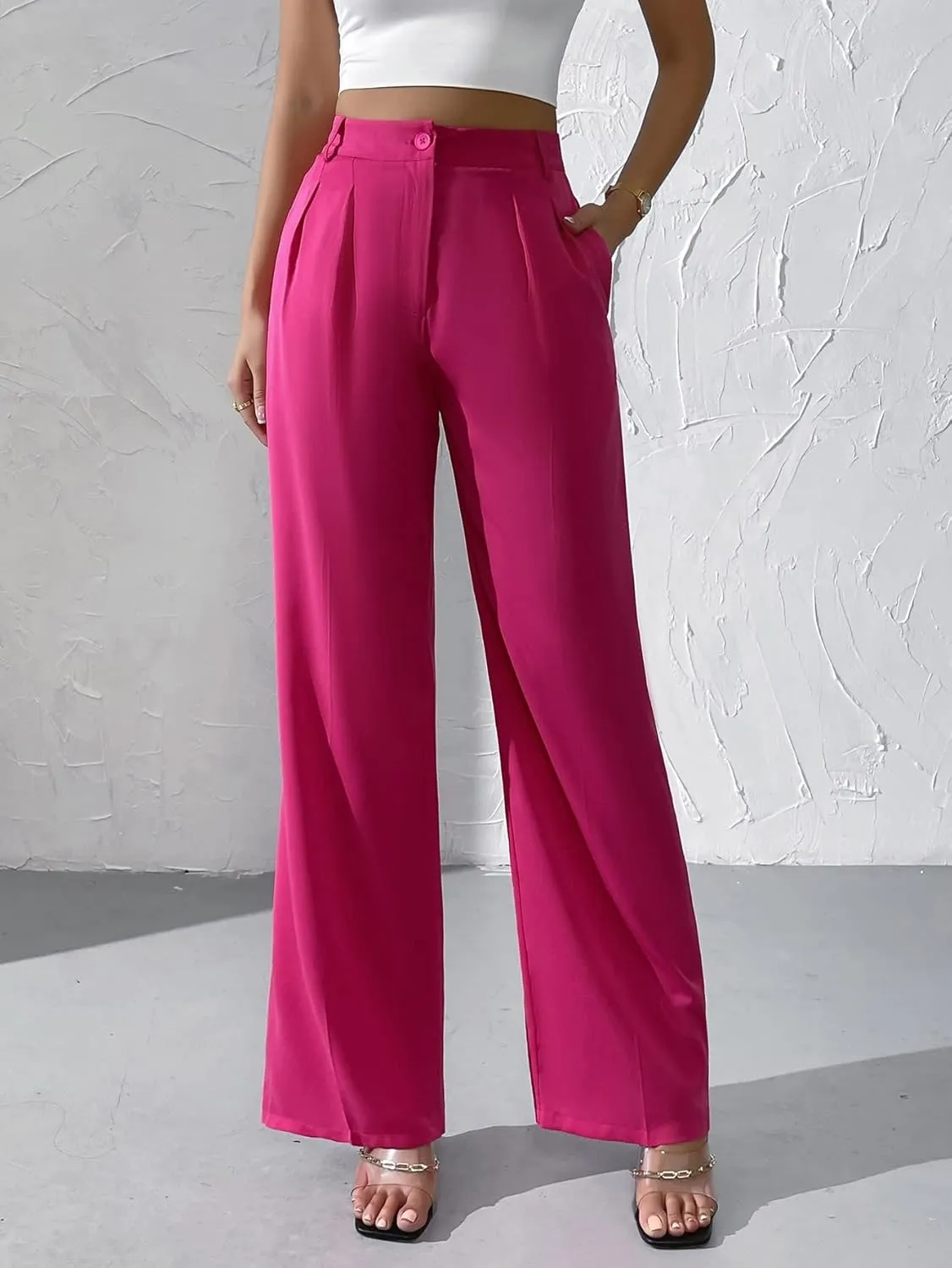 WDIRARA Women's High Waist Button Wide Leg Pants Elegant Work Pleated Pants