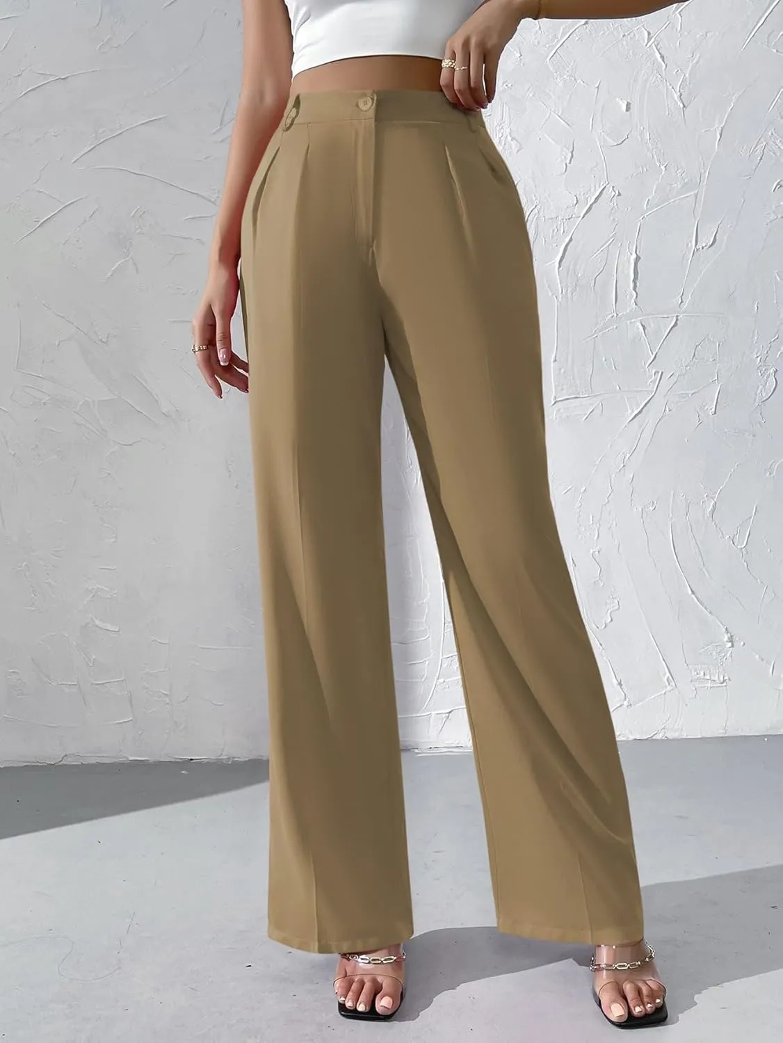 WDIRARA Women's High Waist Button Wide Leg Pants Elegant Work Pleated Pants
