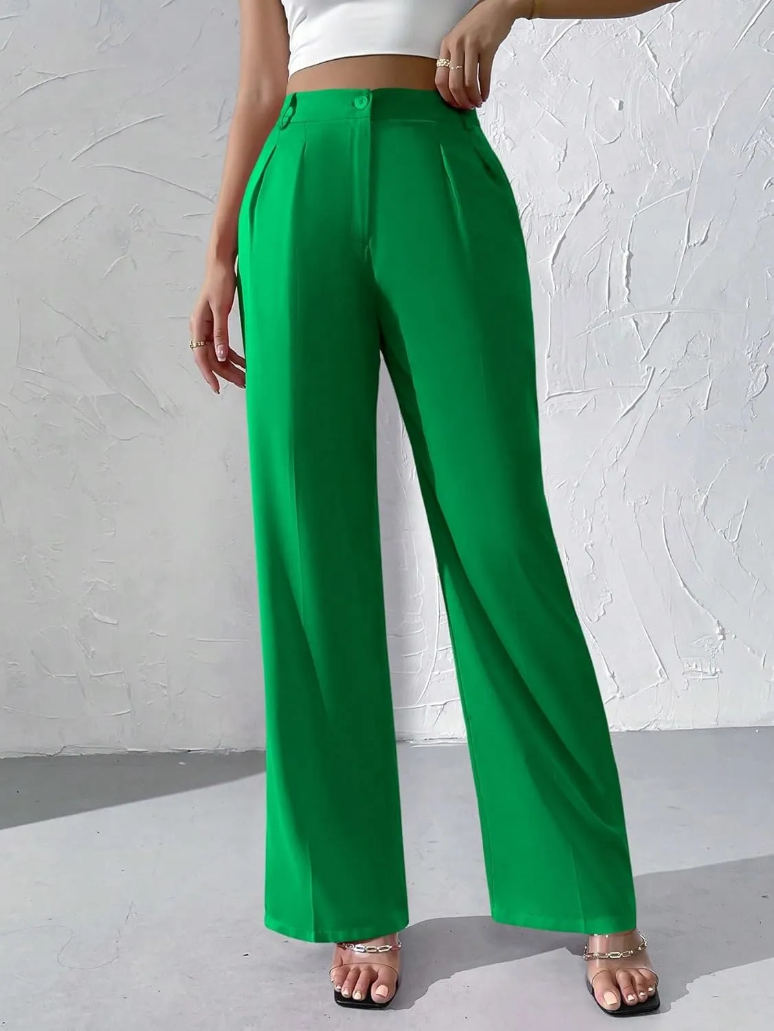 WDIRARA Women's High Waist Button Wide Leg Pants Elegant Work Pleated Pants