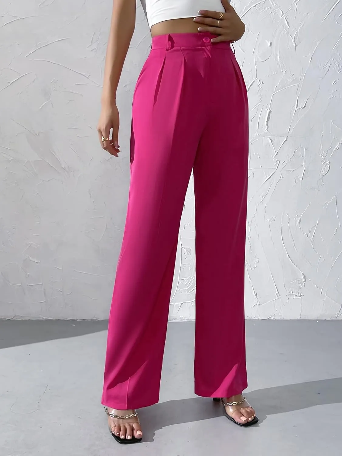 WDIRARA Women's High Waist Button Wide Leg Pants Elegant Work Pleated Pants