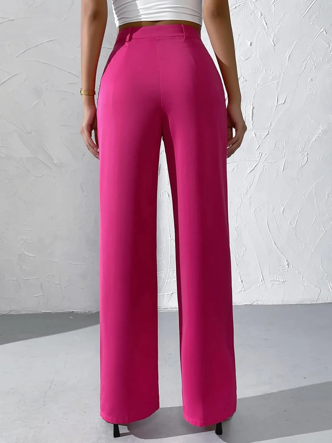 WDIRARA Women's High Waist Button Wide Leg Pants Elegant Work Pleated Pants