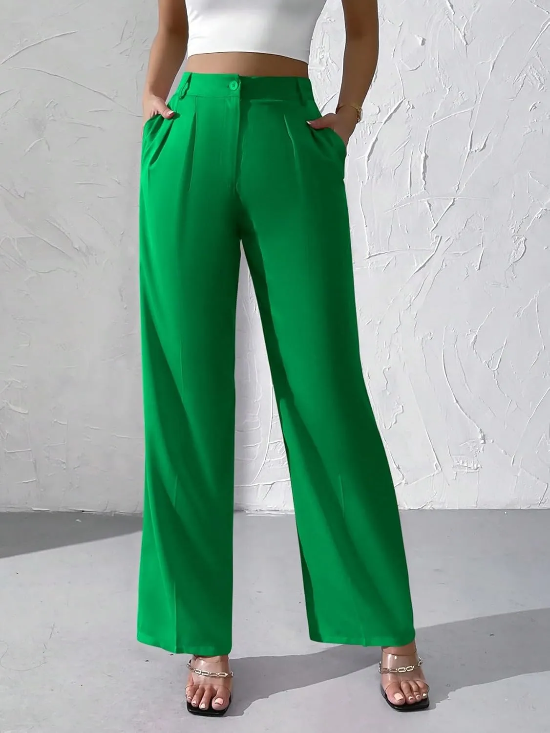 WDIRARA Women's High Waist Button Wide Leg Pants Elegant Work Pleated Pants