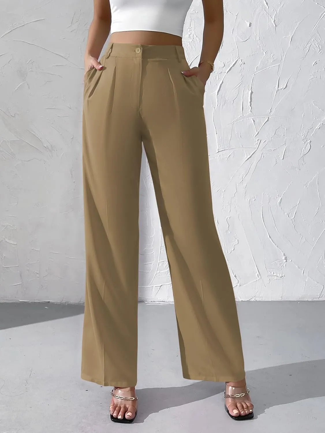WDIRARA Women's High Waist Button Wide Leg Pants Elegant Work Pleated Pants