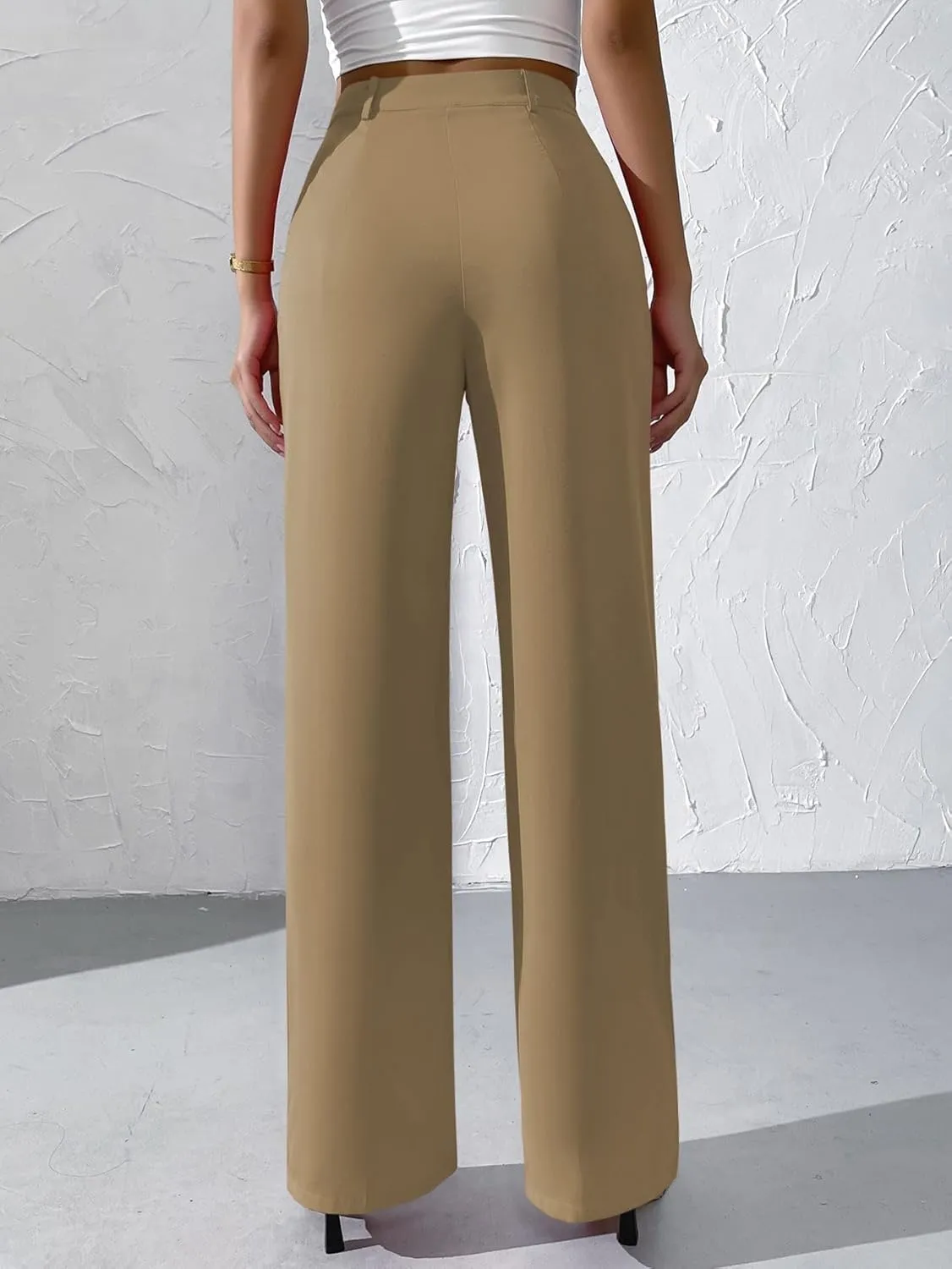 WDIRARA Women's High Waist Button Wide Leg Pants Elegant Work Pleated Pants