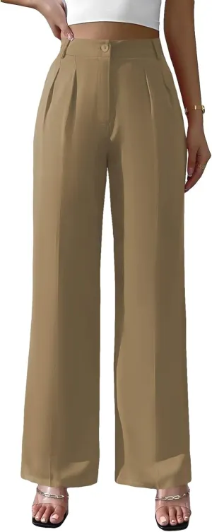 WDIRARA Women's High Waist Button Wide Leg Pants Elegant Work Pleated Pants