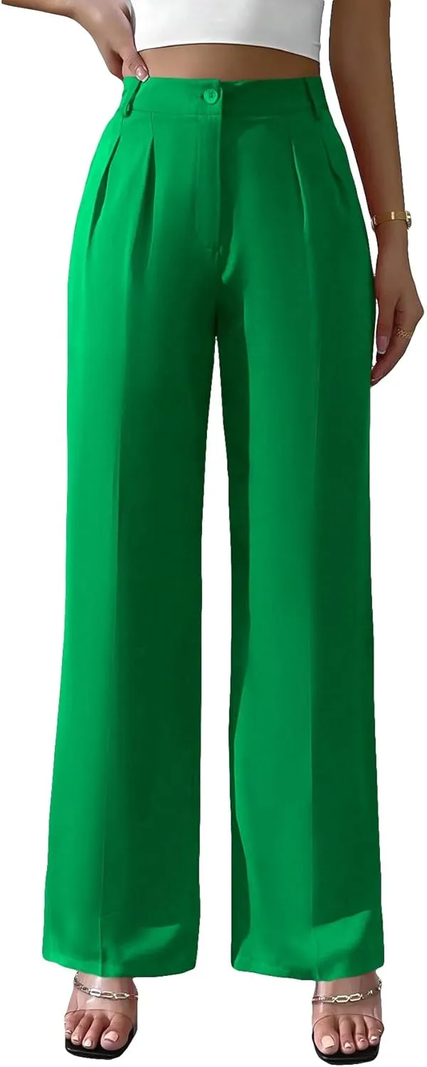 WDIRARA Women's High Waist Button Wide Leg Pants Elegant Work Pleated Pants