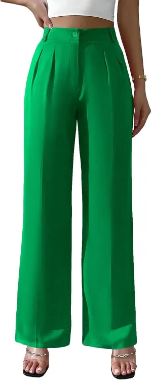 WDIRARA Women's High Waist Button Wide Leg Pants Elegant Work Pleated Pants