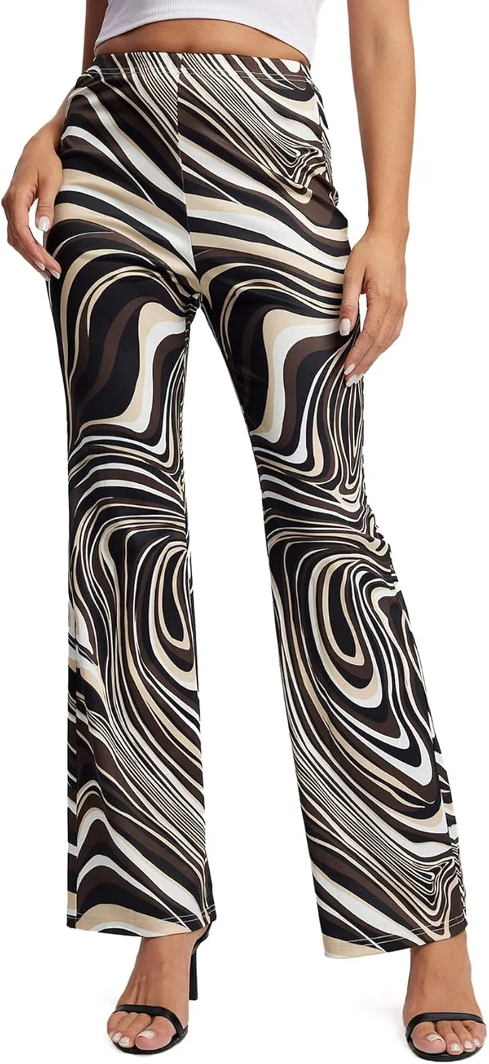 WDIRARA Women's Marble Printed Flare Pants High Waisted Elastic Waist Casual 70s Disco Long Pants