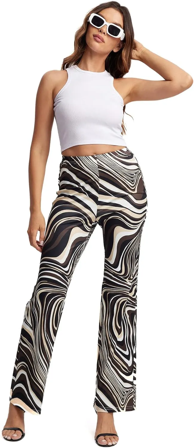 WDIRARA Women's Marble Printed Flare Pants High Waisted Elastic Waist Casual 70s Disco Long Pants