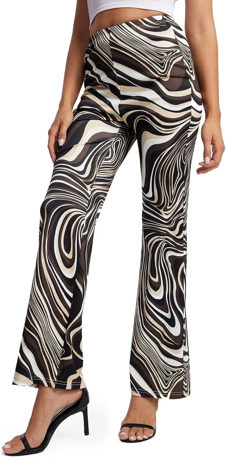 WDIRARA Women's Marble Printed Flare Pants High Waisted Elastic Waist Casual 70s Disco Long Pants