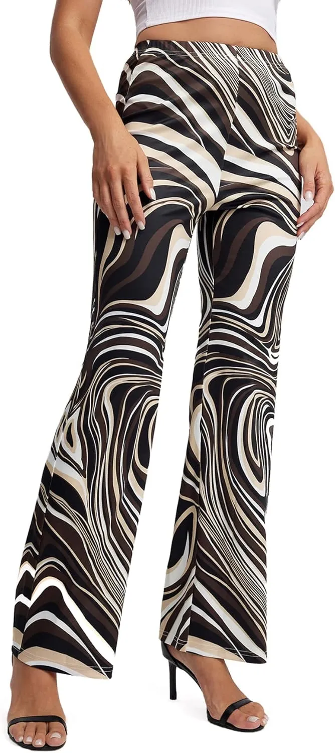 WDIRARA Women's Marble Printed Flare Pants High Waisted Elastic Waist Casual 70s Disco Long Pants