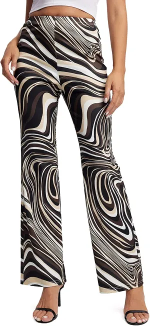 WDIRARA Women's Marble Printed Flare Pants High Waisted Elastic Waist Casual 70s Disco Long Pants