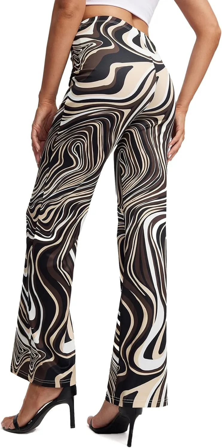 WDIRARA Women's Marble Printed Flare Pants High Waisted Elastic Waist Casual 70s Disco Long Pants