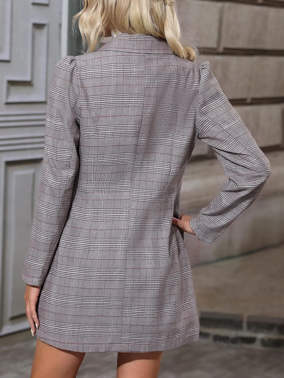 WDIRARA Women's Plaid Button Front Long Sleeve Blazer Elegant Gingham Jacket