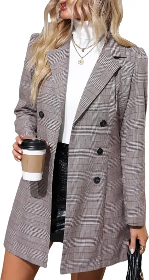 WDIRARA Women's Plaid Button Front Long Sleeve Blazer Elegant Gingham Jacket