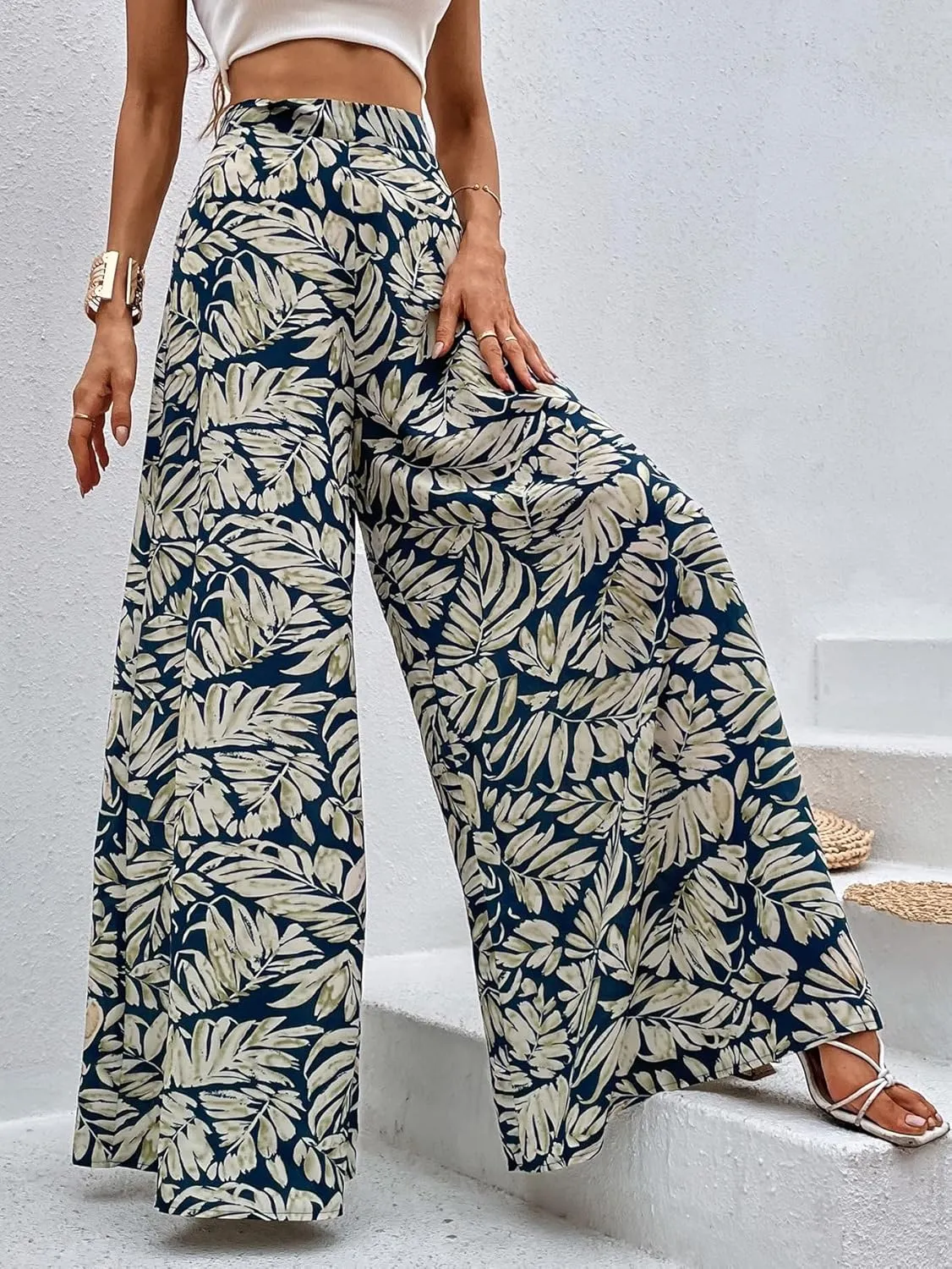 WDIRARA Women's Tropical Print High Waist Wide Leg Pants Boho Palazzo Pants