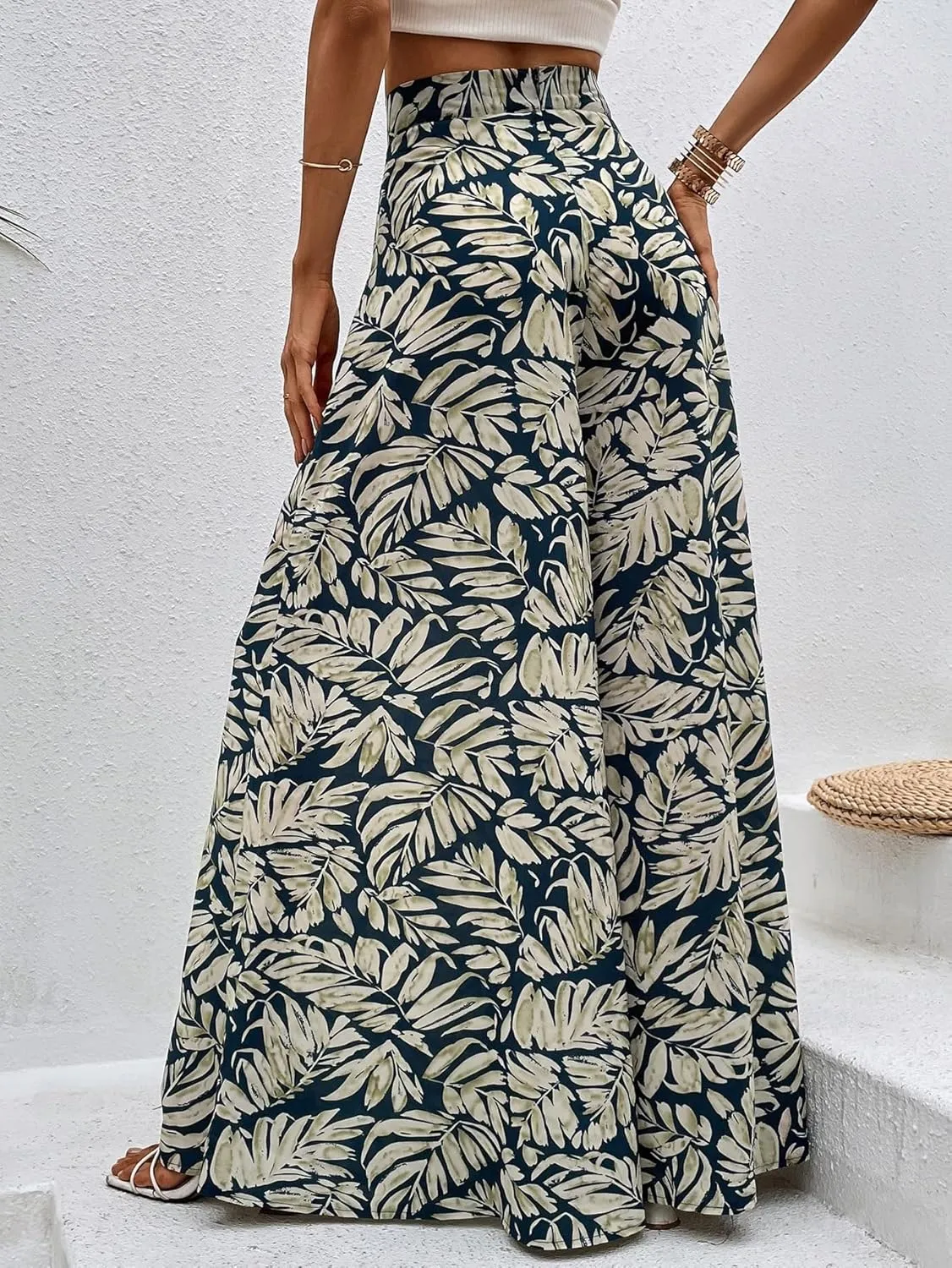 WDIRARA Women's Tropical Print High Waist Wide Leg Pants Boho Palazzo Pants