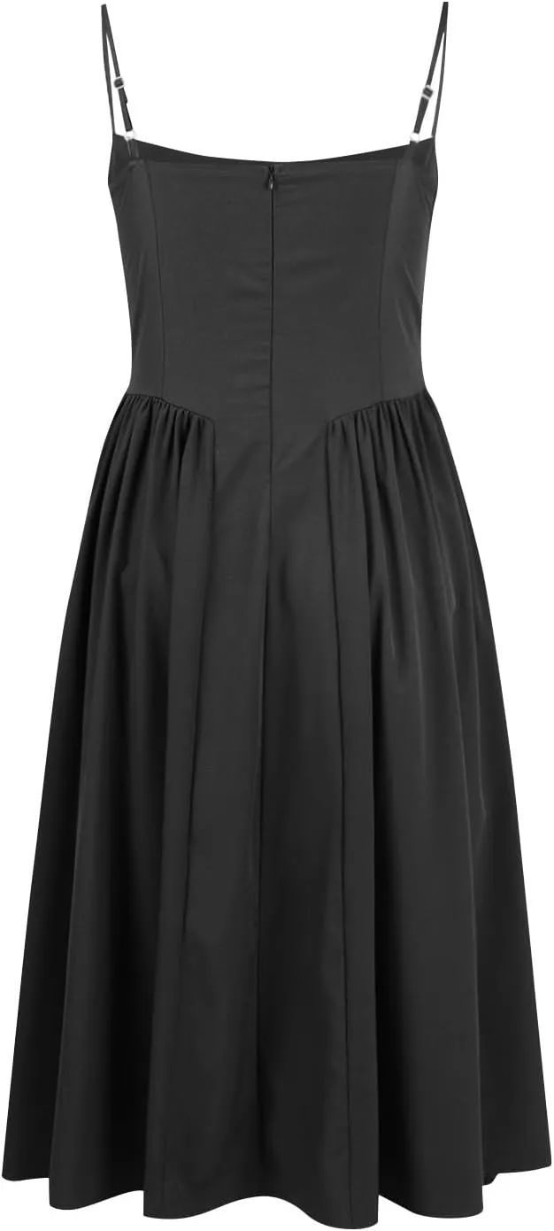 Wedding Guest Dresses for Women Elegant Spaghetti Strap Midi Dress Flowy Pleated Hem Low Cut Prom Dresses