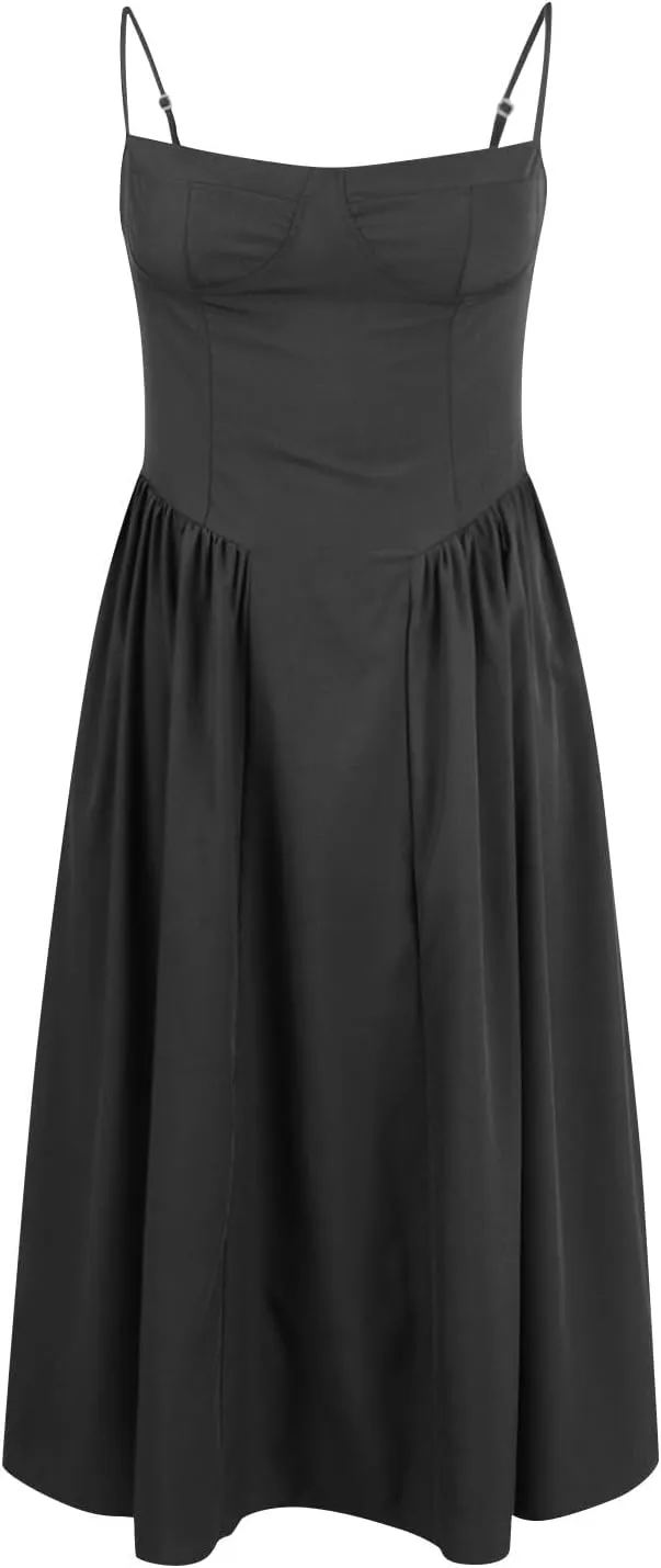 Wedding Guest Dresses for Women Elegant Spaghetti Strap Midi Dress Flowy Pleated Hem Low Cut Prom Dresses