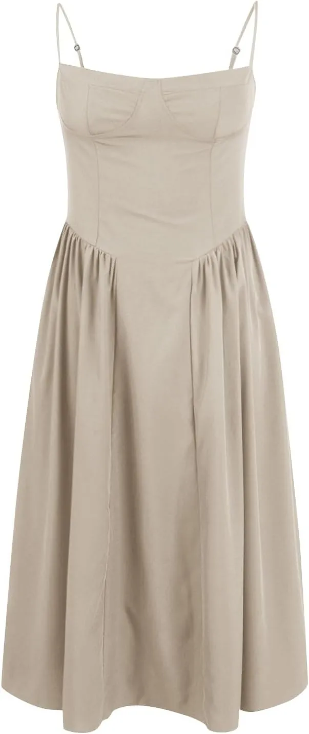 Wedding Guest Dresses for Women Elegant Spaghetti Strap Midi Dress Flowy Pleated Hem Low Cut Prom Dresses