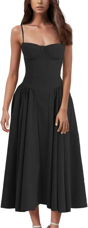 Wedding Guest Dresses for Women Elegant Spaghetti Strap Midi Dress Flowy Pleated Hem Low Cut Prom Dresses