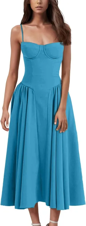 Wedding Guest Dresses for Women Elegant Spaghetti Strap Midi Dress Flowy Pleated Hem Low Cut Prom Dresses