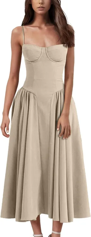 Wedding Guest Dresses for Women Elegant Spaghetti Strap Midi Dress Flowy Pleated Hem Low Cut Prom Dresses