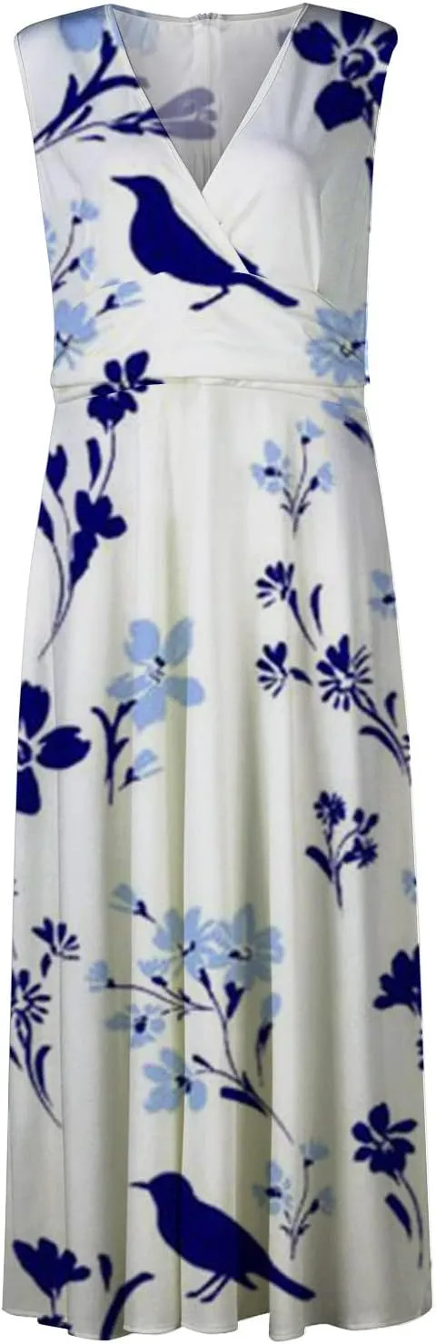 Wedding Guest Dresses for Women Wrap V Neck Sleeveless Marble Floral Printed Maxi Dress Flowy Swing Party Sundress