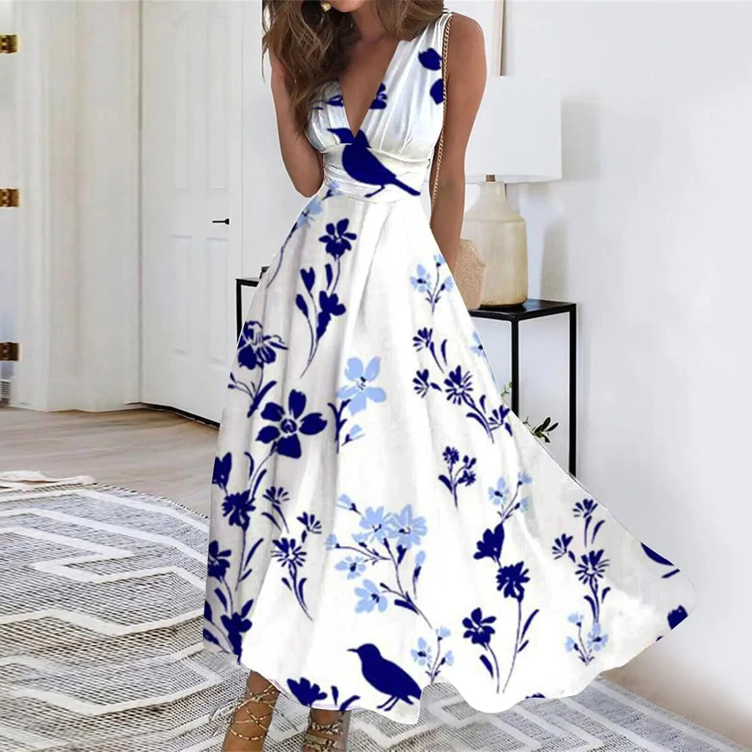 Wedding Guest Dresses for Women Wrap V Neck Sleeveless Marble Floral Printed Maxi Dress Flowy Swing Party Sundress