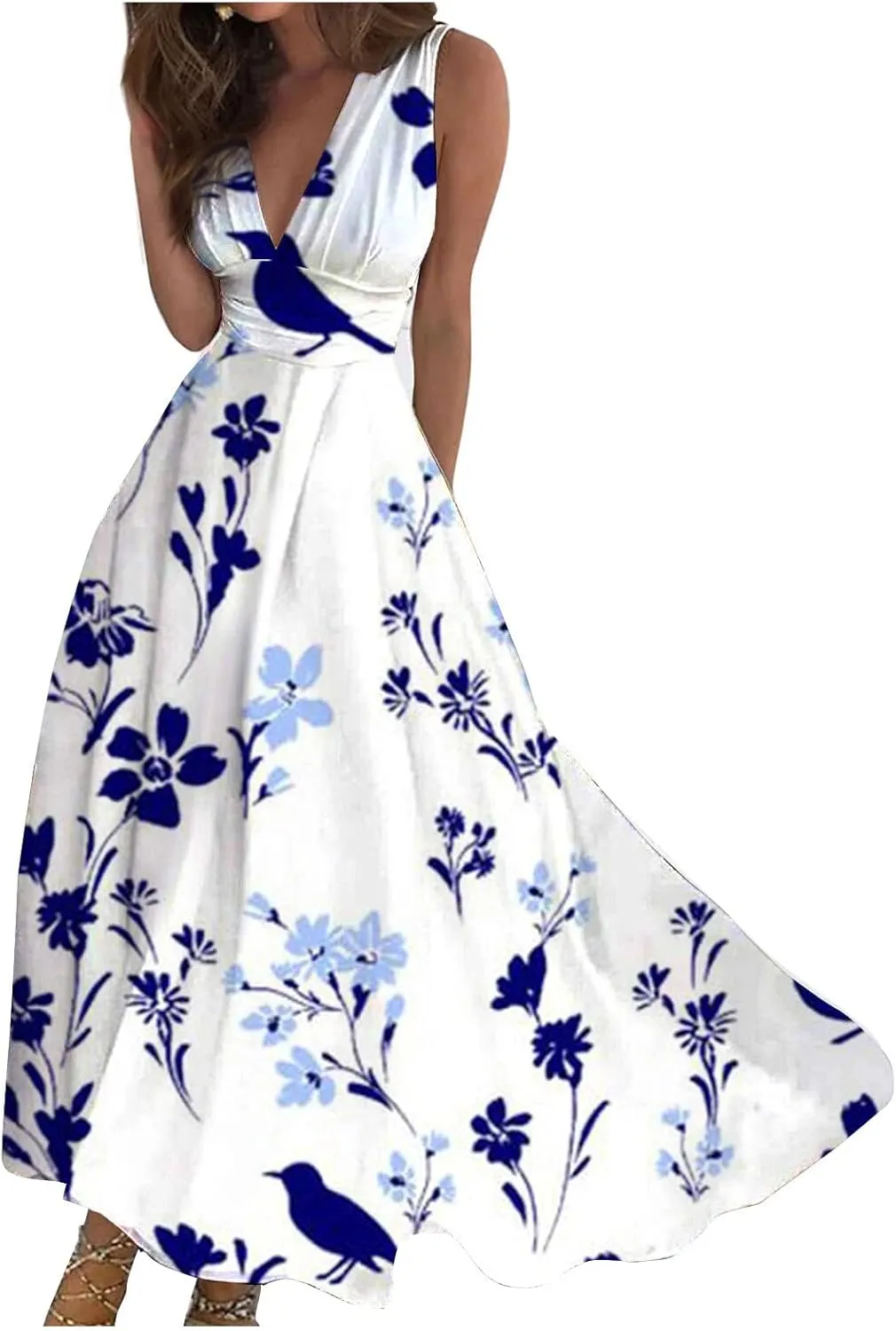 Wedding Guest Dresses for Women Wrap V Neck Sleeveless Marble Floral Printed Maxi Dress Flowy Swing Party Sundress