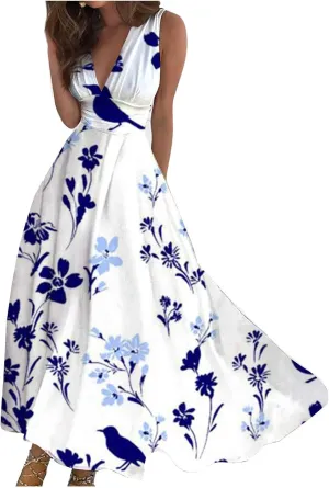 Wedding Guest Dresses for Women Wrap V Neck Sleeveless Marble Floral Printed Maxi Dress Flowy Swing Party Sundress
