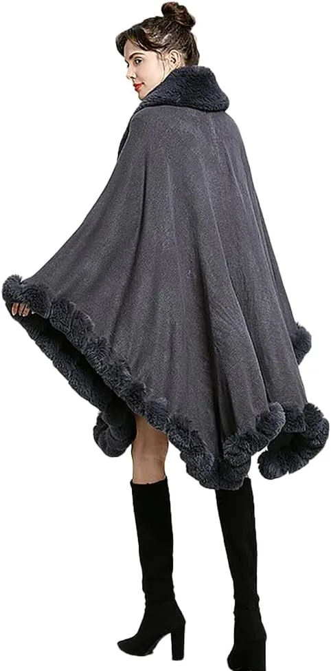Women Fur Collar Cape Thick Cardigan Coats Fall Winter Faux Fur Shawl Cloak for Dress Evening Party