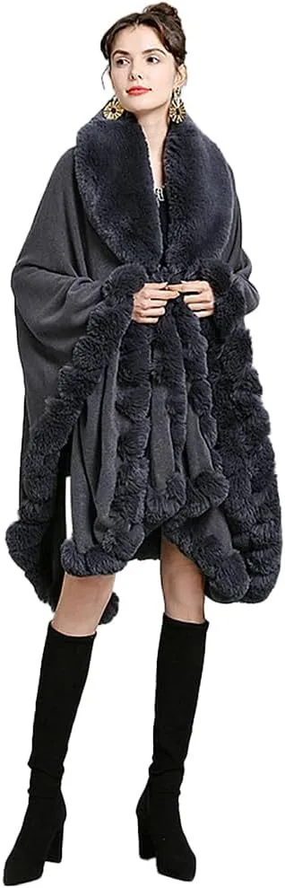 Women Fur Collar Cape Thick Cardigan Coats Fall Winter Faux Fur Shawl Cloak for Dress Evening Party
