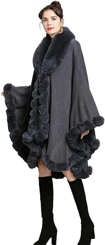 Women Fur Collar Cape Thick Cardigan Coats Fall Winter Faux Fur Shawl Cloak for Dress Evening Party