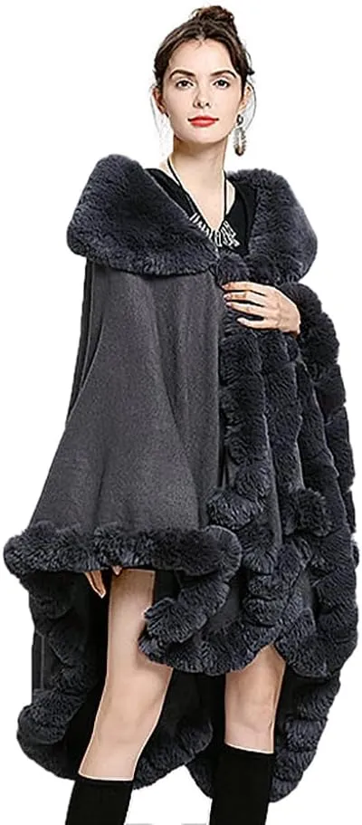 Women Fur Collar Cape Thick Cardigan Coats Fall Winter Faux Fur Shawl Cloak for Dress Evening Party