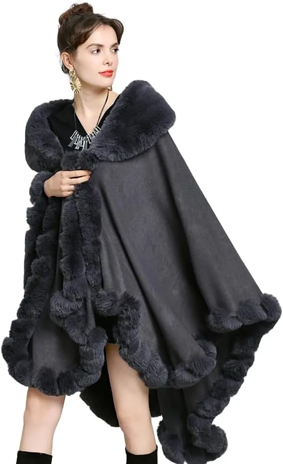 Women Fur Collar Cape Thick Cardigan Coats Fall Winter Faux Fur Shawl Cloak for Dress Evening Party