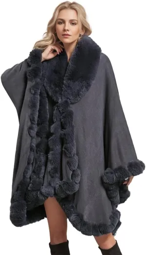 Women Fur Collar Cape Thick Cardigan Coats Fall Winter Faux Fur Shawl Cloak for Dress Evening Party