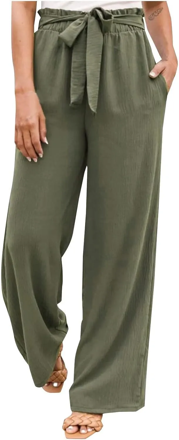 Women Linen Summer Printed Palazzo Pants Elastic Waisted Stretchy Plus Size Palazzo Pants Travel