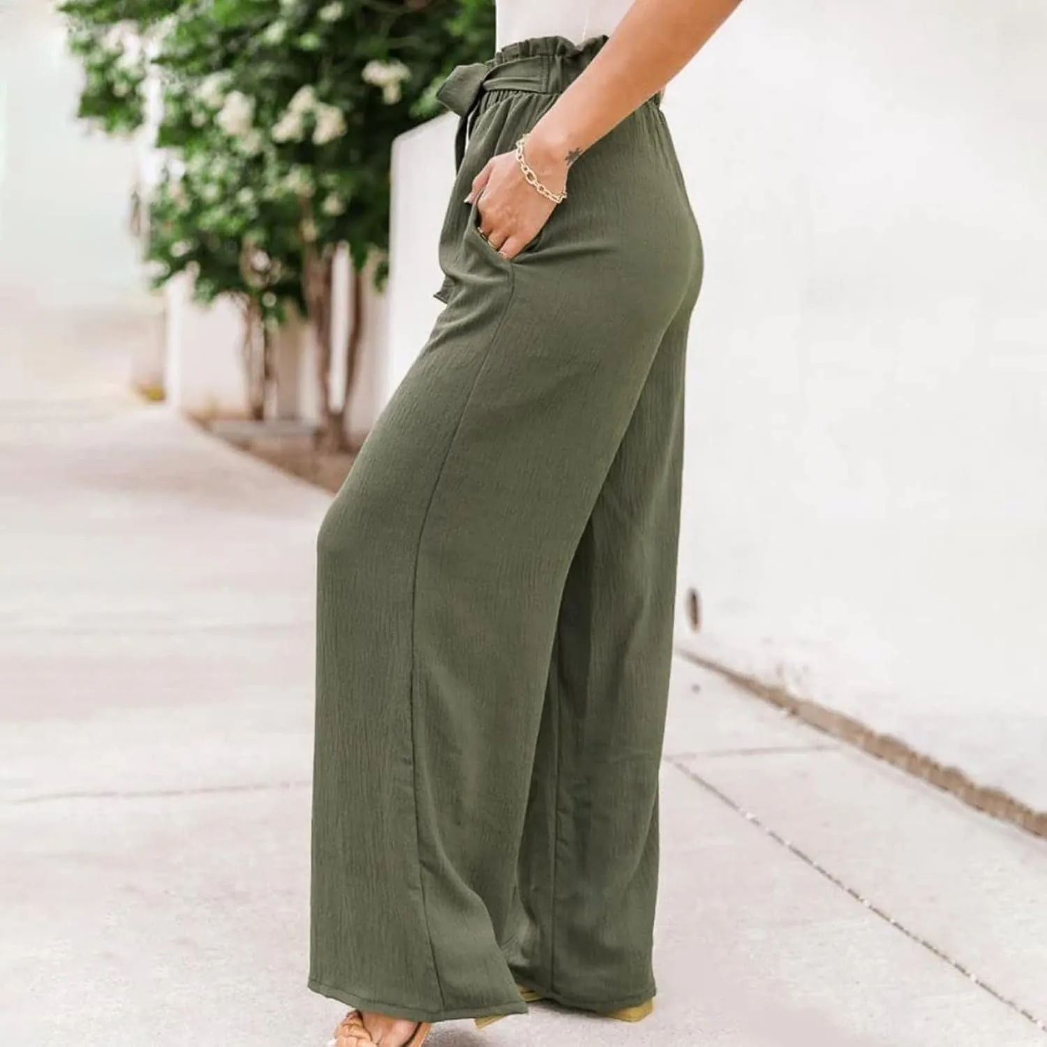 Women Linen Summer Printed Palazzo Pants Elastic Waisted Stretchy Plus Size Palazzo Pants Travel