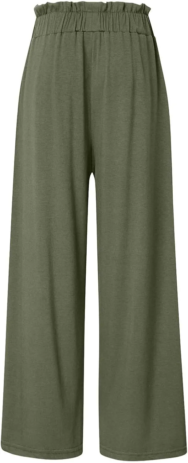 Women Linen Summer Printed Palazzo Pants Elastic Waisted Stretchy Plus Size Palazzo Pants Travel