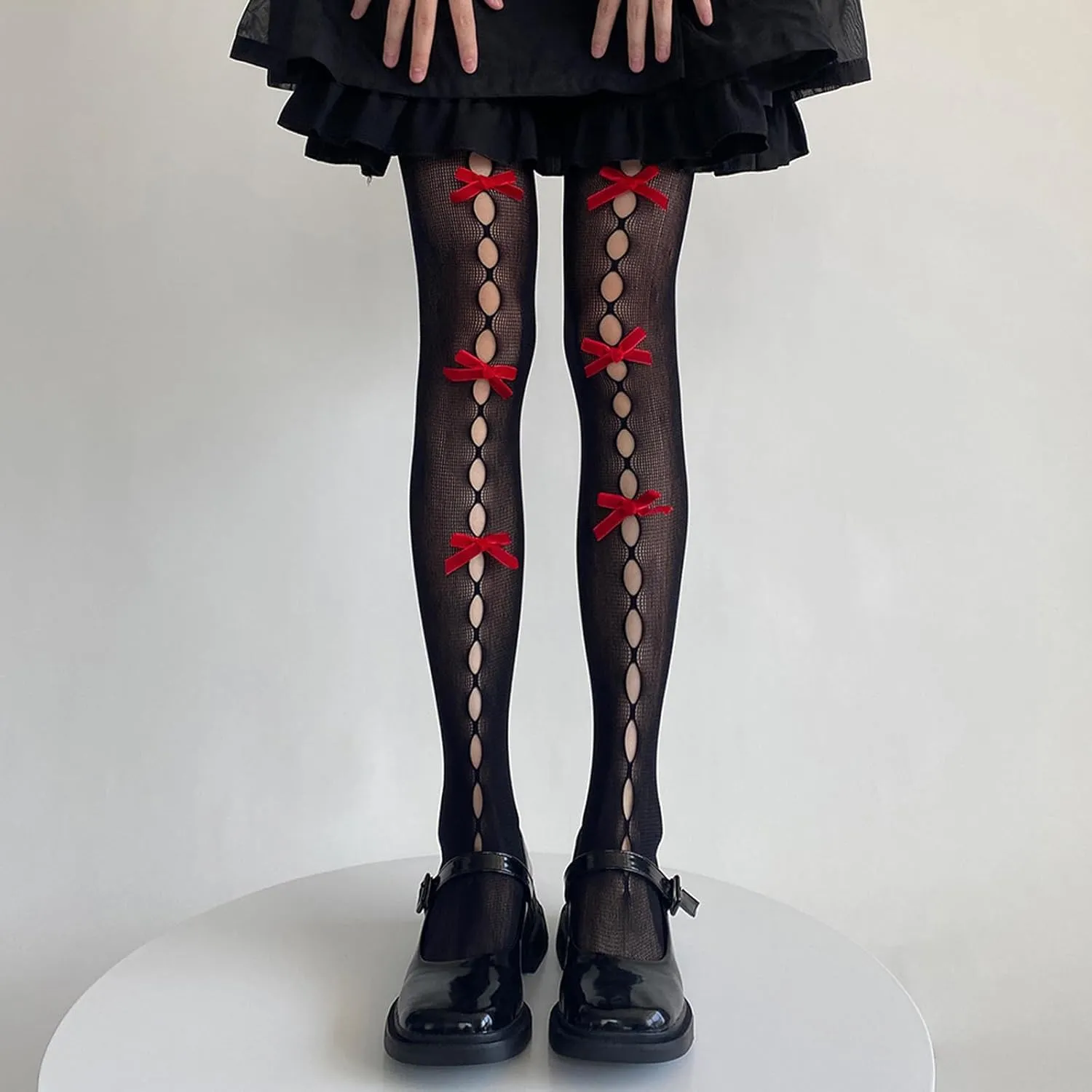 Women Lolita Tights with Bows Cute Mesh Hallow Harajuku Stockings 80S 90S Female Girls Gothic Lace Stockings Leggings