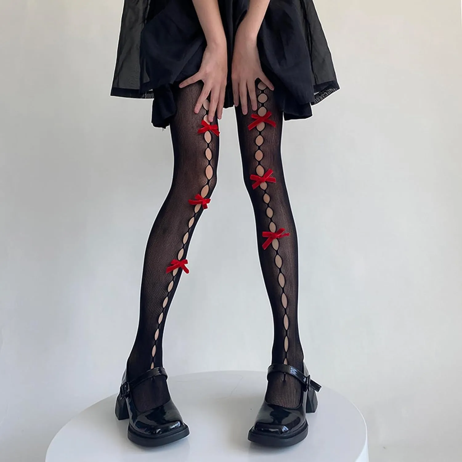 Women Lolita Tights with Bows Cute Mesh Hallow Harajuku Stockings 80S 90S Female Girls Gothic Lace Stockings Leggings