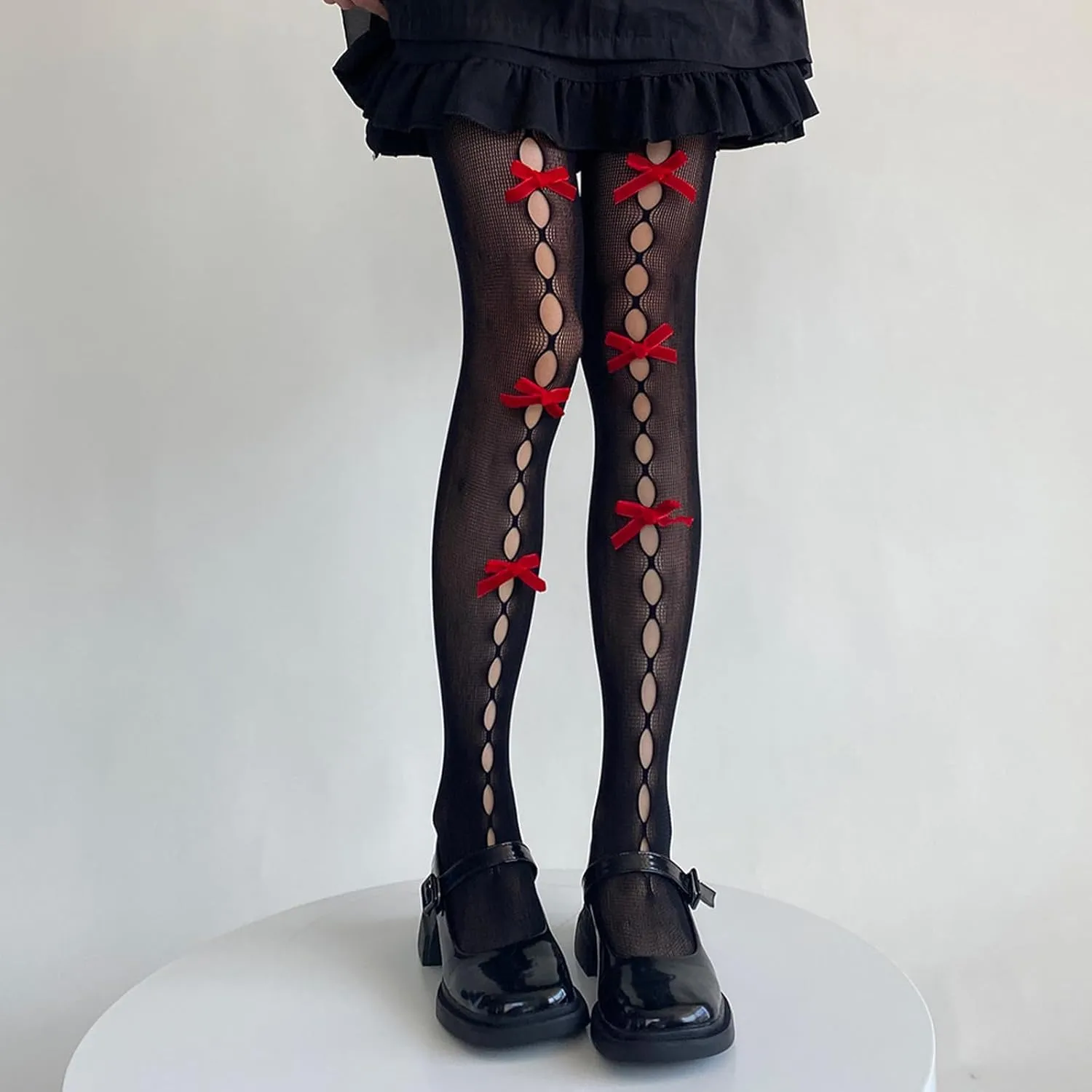 Women Lolita Tights with Bows Cute Mesh Hallow Harajuku Stockings 80S 90S Female Girls Gothic Lace Stockings Leggings