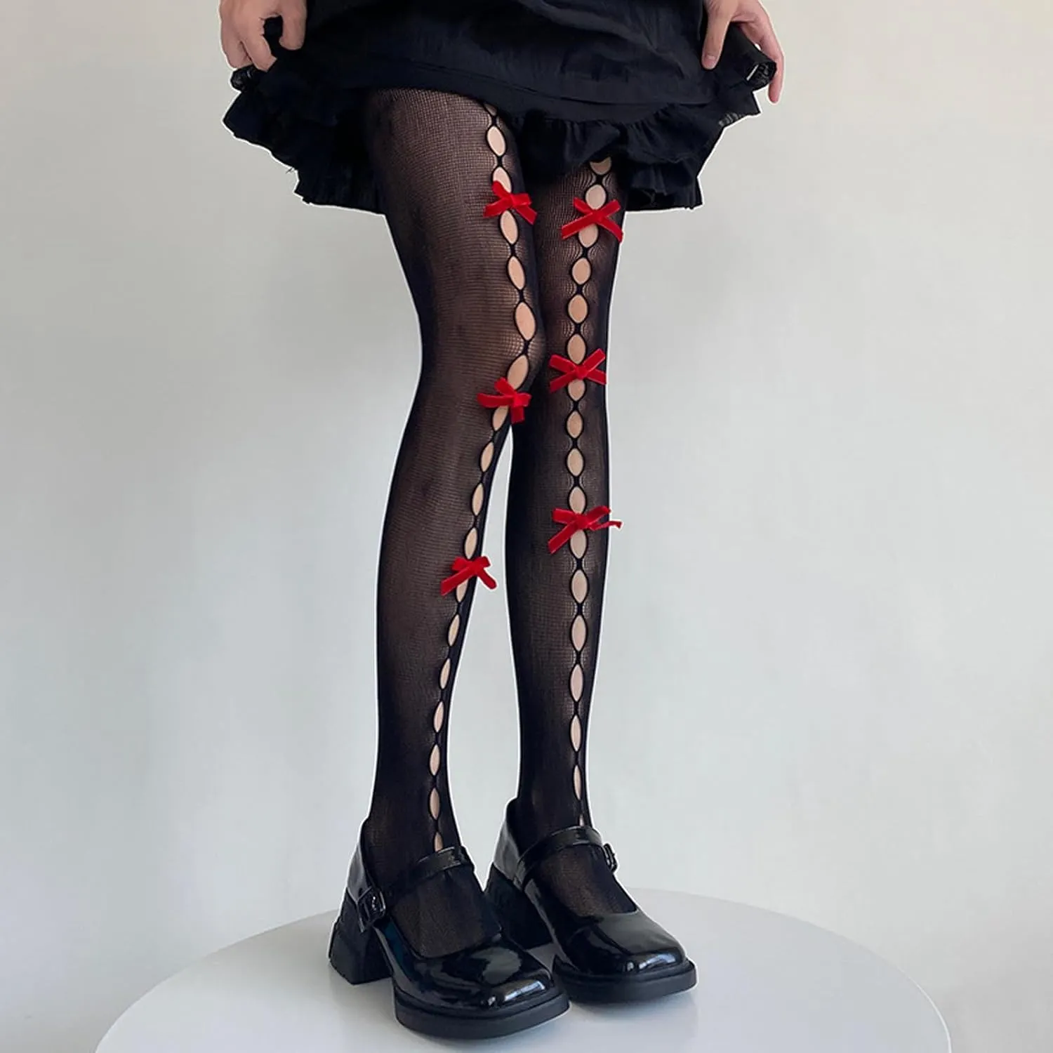 Women Lolita Tights with Bows Cute Mesh Hallow Harajuku Stockings 80S 90S Female Girls Gothic Lace Stockings Leggings