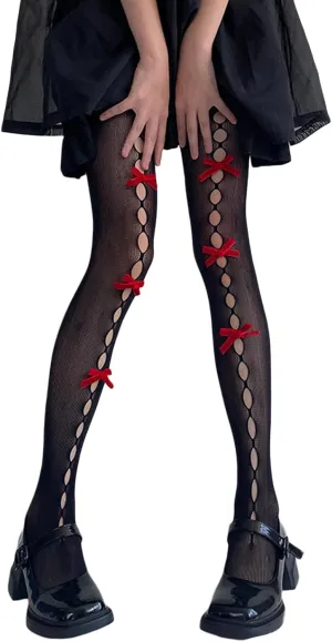 Women Lolita Tights with Bows Cute Mesh Hallow Harajuku Stockings 80S 90S Female Girls Gothic Lace Stockings Leggings