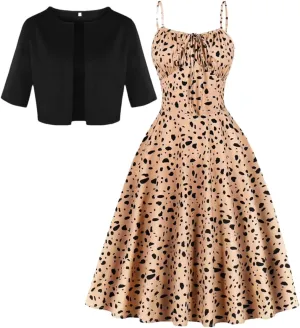 Women Mid Sleeved Mini Suit and Print Floral Print Camisole Dress Two Piece Set